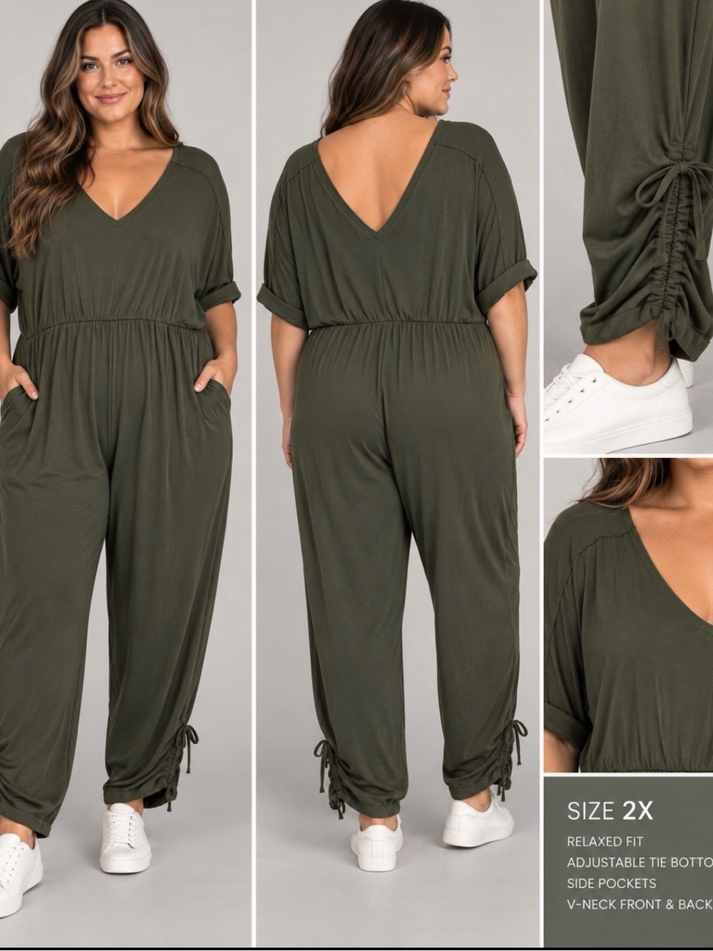 Plus-Size Olive V-Neck Jumpsuit with Drawstring Ankles from Bloom Chic